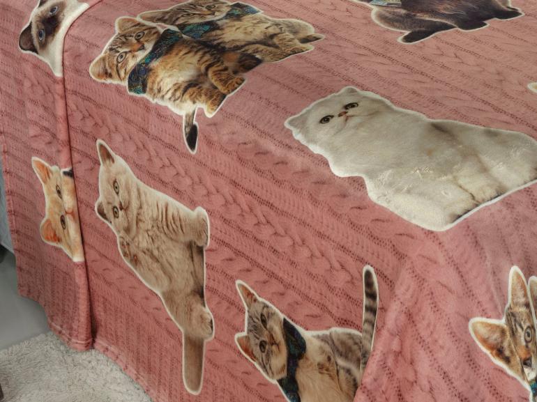 Cobertor Avulso Solteiro Flanelado com Estampa Digital 260 gramas/m² - Cat Tricot Rosa - Dui Design