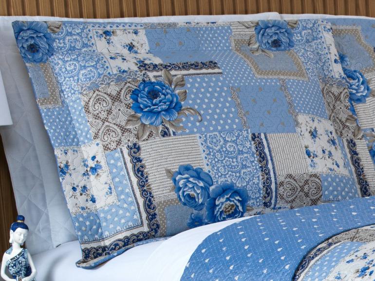 Kit: 1 Cobre-leito King Bouti de Microfibra Ultrasonic Estampada + 2 Porta-travesseiros - Catarina azul - Dui Design