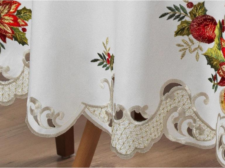 Toalha de Mesa Natal com Bordado Richelieu Redonda 175cm - Celebrare Natural - Dui Design