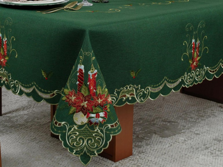 Toalha de Mesa Natal com Bordado Richelieu Retangular 6 Lugares