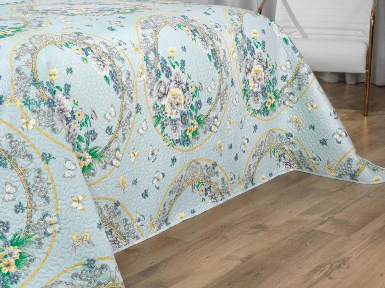 Kit: 1 Cobre-leito King Bouti de Microfibra Ultrasonic Estampada + 2 Porta-travesseiros - Charlote Azul - Dui Design