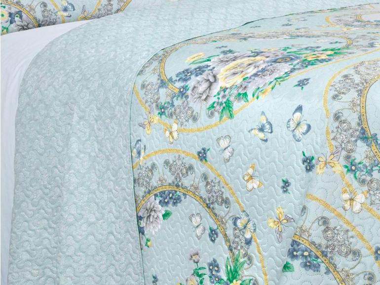 Kit: 1 Cobre-leito King Bouti de Microfibra Ultrasonic Estampada + 2 Porta-travesseiros - Charlote Azul - Dui Design