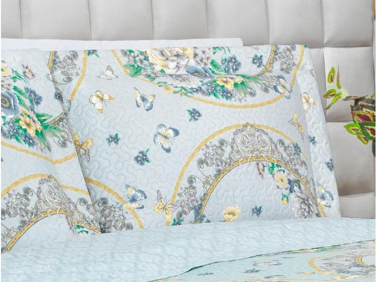 Kit: 1 Cobre-leito King Bouti de Microfibra Ultrasonic Estampada + 2 Porta-travesseiros - Charlote Azul - Dui Design