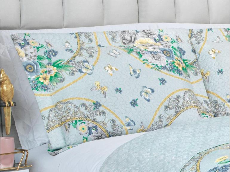 Kit: 1 Cobre-leito King Bouti de Microfibra Ultrasonic Estampada + 2 Porta-travesseiros - Charlote Azul - Dui Design