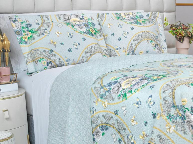 Kit: 1 Cobre-leito King Bouti de Microfibra Ultrasonic Estampada + 2 Porta-travesseiros - Charlote Azul - Dui Design