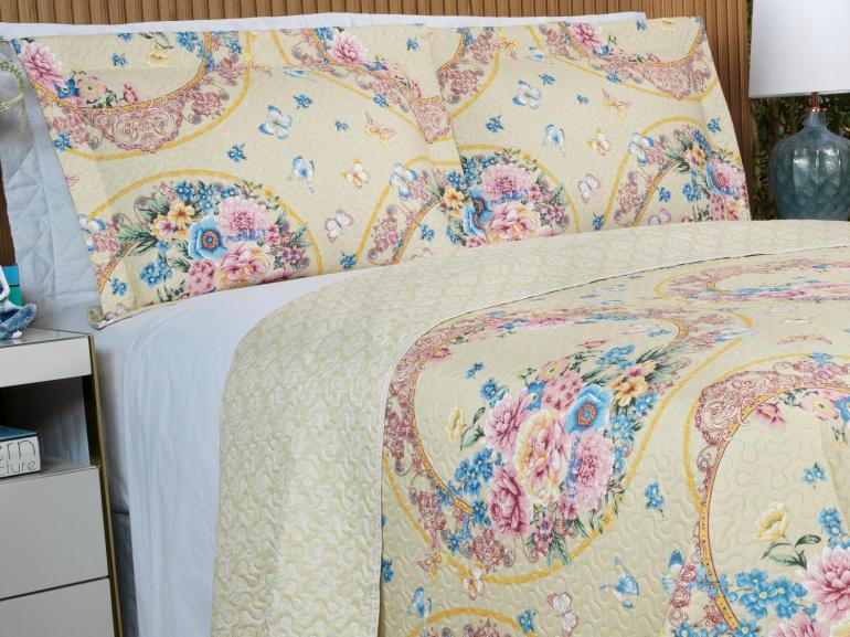Kit: 1 Cobre-leito King Bouti de Microfibra Ultrasonic Estampada + 2 Porta-travesseiros - Charlote Vintage - Dui Design
