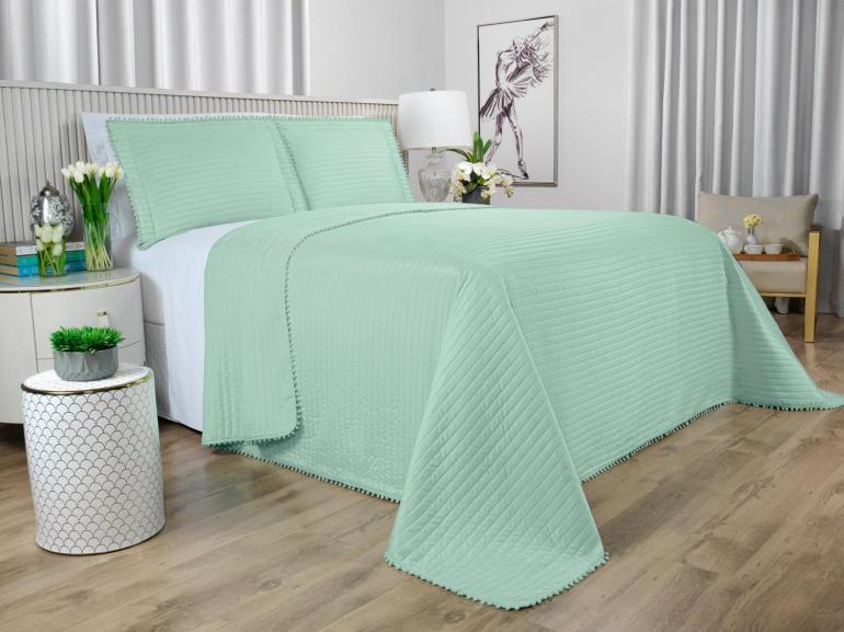 Kit: 1 Cobre-leito Pompom Casal Bouti de Microfibra Ultrasonic + 2 Porta-travesseiros - Charme Jade - Dui Design