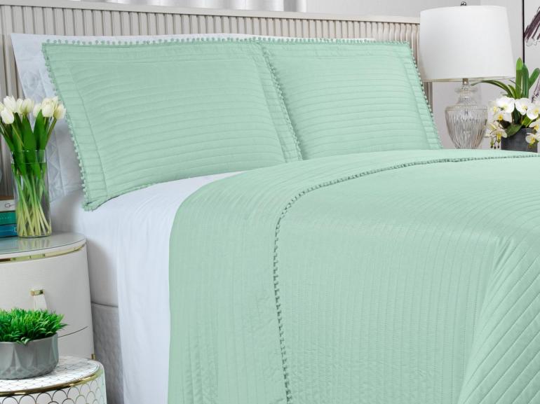 Kit: 1 Cobre-leito Pompom Casal Bouti de Microfibra Ultrasonic + 2 Porta-travesseiros - Charme Jade - Dui Design