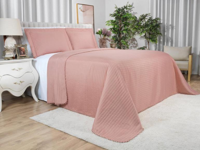 Kit: 1 Cobre-leito Pompom Queen Bouti de Microfibra Ultrasonic + 2 Porta-travesseiros - Charme Rosé - Dui Design