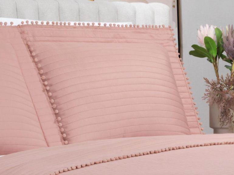 Kit: 1 Cobre-leito Pompom Queen Bouti de Microfibra Ultrasonic + 2 Porta-travesseiros - Charme Rosé - Dui Design