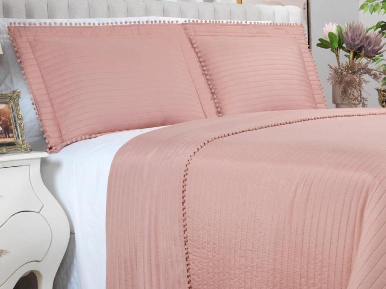 Kit: 1 Cobre-leito Pompom Queen Bouti de Microfibra Ultrasonic + 2 Porta-travesseiros - Charme Rosé - Dui Design