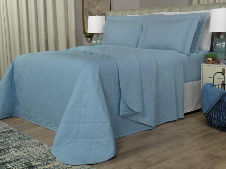 Kit: 1 Cobre-leito Queen + 2 Porta-travesseiros Percal 200 fios - Vita Azul - Dui Design