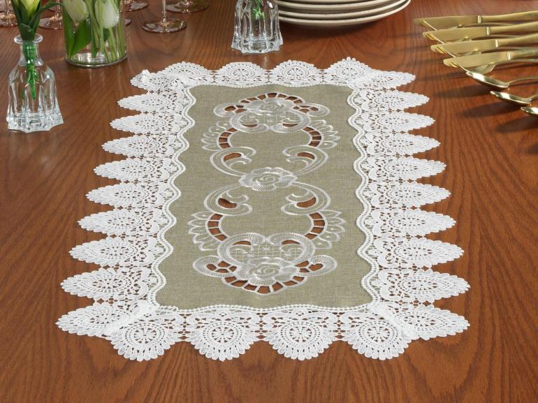 Trilho de Mesa com Bordado Richelieu 40x85cm Avulso - Copenhague Bege - Dui Design