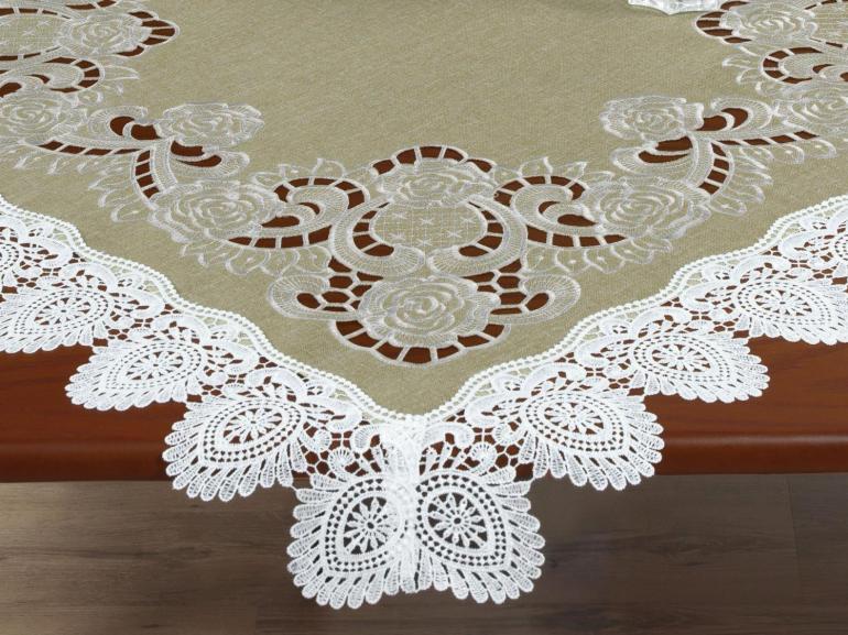 Centro de Mesa Quadrado com Bordado Richelieu 85x85cm - Copenhague Bege - Dui Design