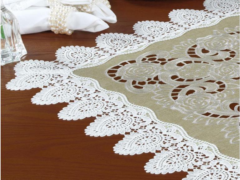 Centro de Mesa Quadrado com Bordado Richelieu 85x85cm - Copenhague Bege - Dui Design