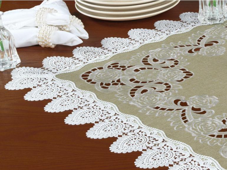 Centro de Mesa Quadrado com Bordado Richelieu 85x85cm - Copenhague Bege - Dui Design