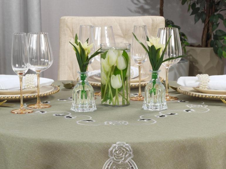 Toalha de Mesa com Bordado Richelieu Redonda 180cm - Copenhague Bege - Dui Design