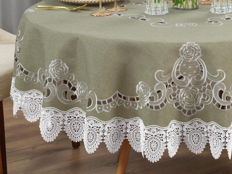 Toalha de Mesa com Bordado Richelieu Redonda 180cm - Copenhague Bege - Dui Design