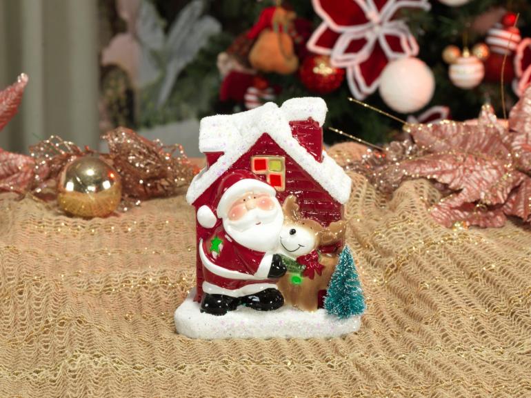 Decoração Natal de Cerâmica com Led 16cm de altura - Papai Noel com Rena - Dui Design