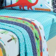 Kit: 1 Cobre-leito Solteiro Kids + 1 Porta-travesseiro 150 fios 100% Algodo - Dino Azul - Dui Design