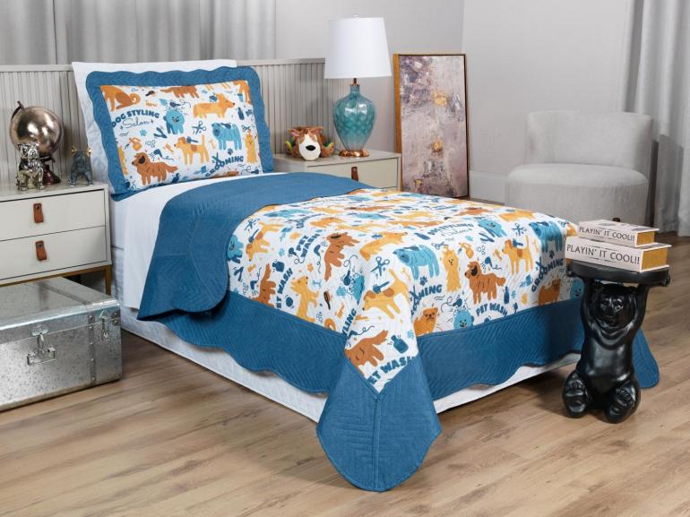 Kit: 1 Cobre-leito Solteiro Kids Bouti de Microfibra PatchWork Ultrasonic + 1 Porta-travesseiro - Dog Style - Dui Design