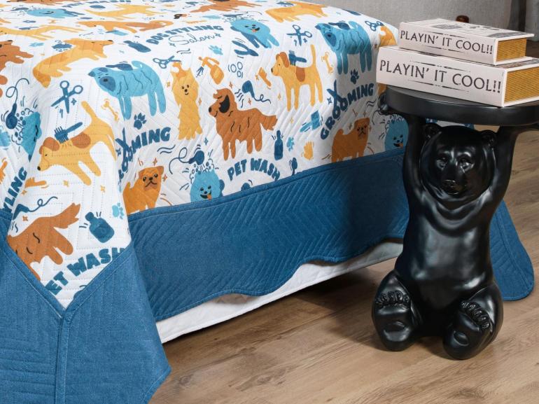 Kit: 1 Cobre-leito Solteiro Kids Bouti de Microfibra PatchWork Ultrasonic + 1 Porta-travesseiro - Dog Style - Dui Design