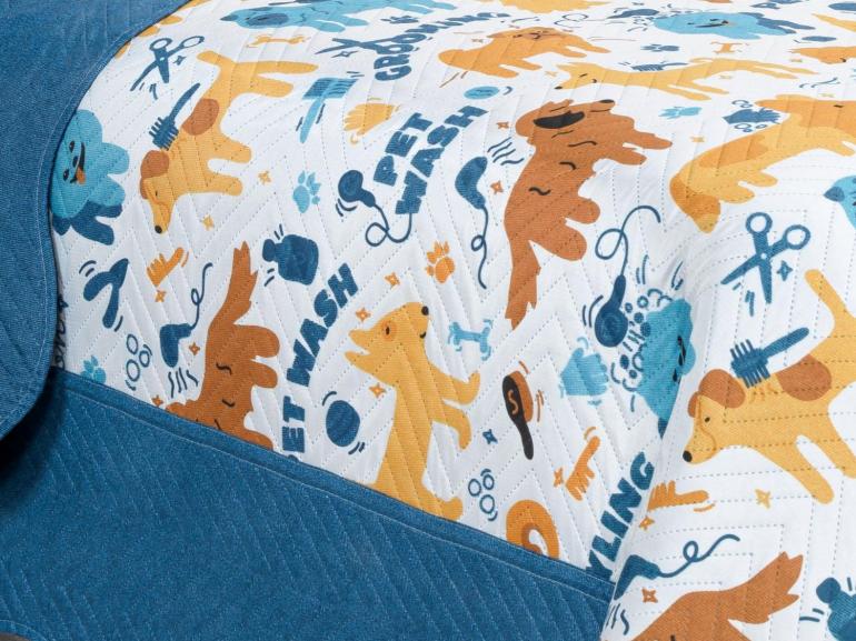 Kit: 1 Cobre-leito Solteiro Kids Bouti de Microfibra PatchWork Ultrasonic + 1 Porta-travesseiro - Dog Style - Dui Design