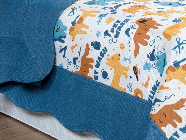 Kit: 1 Cobre-leito Solteiro Kids Bouti de Microfibra PatchWork Ultrasonic + 1 Porta-travesseiro - Dog Style - Dui Design