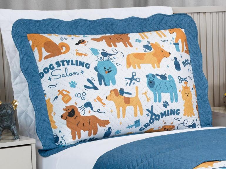 Kit: 1 Cobre-leito Solteiro Kids Bouti de Microfibra PatchWork Ultrasonic + 1 Porta-travesseiro - Dog Style - Dui Design