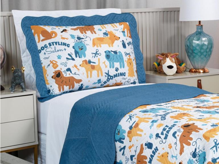 Kit: 1 Cobre-leito Solteiro Kids Bouti de Microfibra PatchWork Ultrasonic + 1 Porta-travesseiro - Dog Style - Dui Design