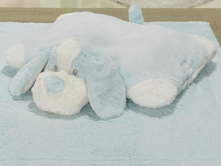 Kit: 1 Cobertor Baby Pele de Carneiro Sherpa + 1 Almofada Baby Kids de Bichinhos - Dog Azul Sherpa - Dui Design