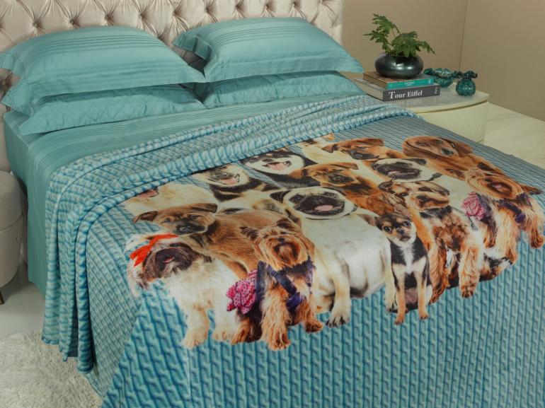 Cobertor Avulso Queen Flanelado com Estampa Digital 260 gramas/m² - Dogs Tricot Azul - Dui Design