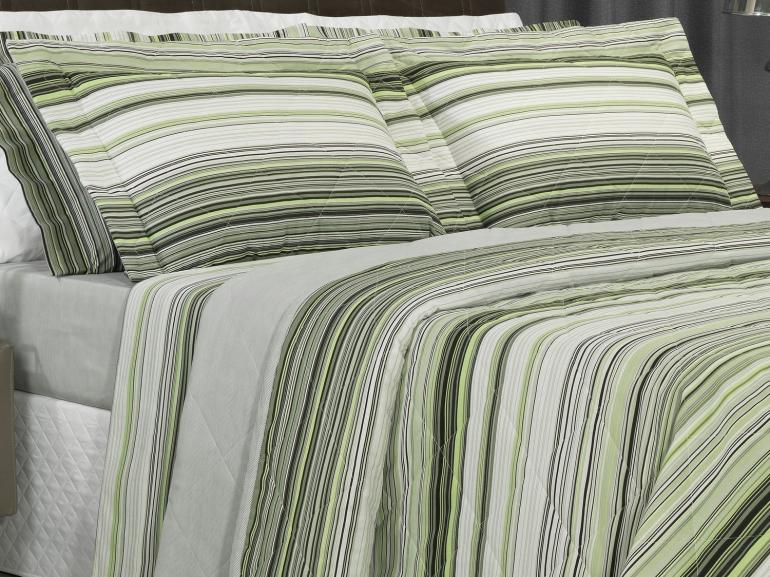 Kit: 1 Cobre-leito Casal + 2 Porta-travesseiros 150 fios - Doha Cinza e Verde - Dui Design