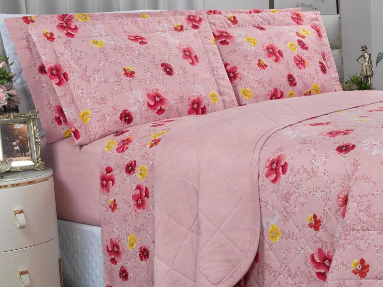 Enxoval Queen com Cobre-leito 7 peas Percal 180 fios - Dora Rosa - Dui Design