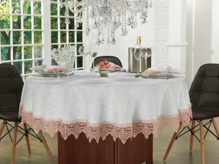 Toalha de Mesa com Bordado Guipir Fácil de Limpar Redonda 180cm - Elizabeth Branco e Rosa - Dui Design