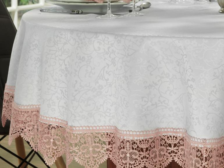 Toalha de Mesa com Bordado Guipir Fácil de Limpar Redonda 180cm - Elizabeth Branco e Rosa - Dui Design