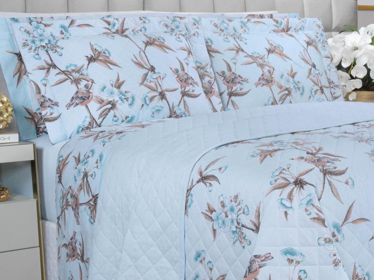 Enxoval King com Cobre-leito 7 pe�as 150 fios - Ellen Azul - Dui Design