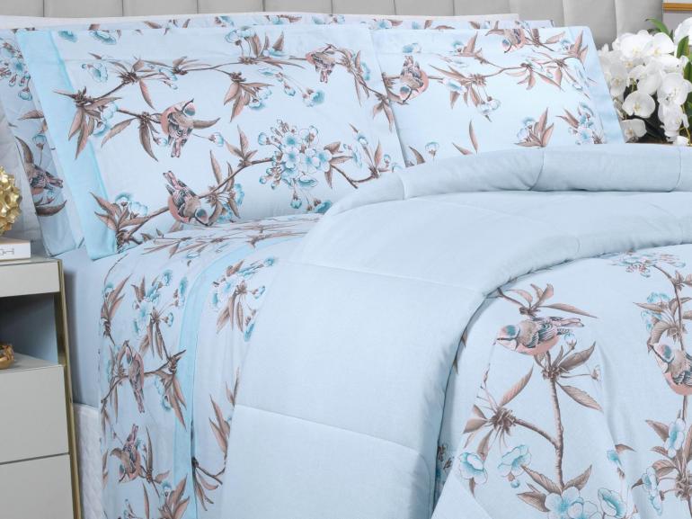 Enxoval King com Edredom 5 pe�as 150 fios - Ellen Azul - Dui Design