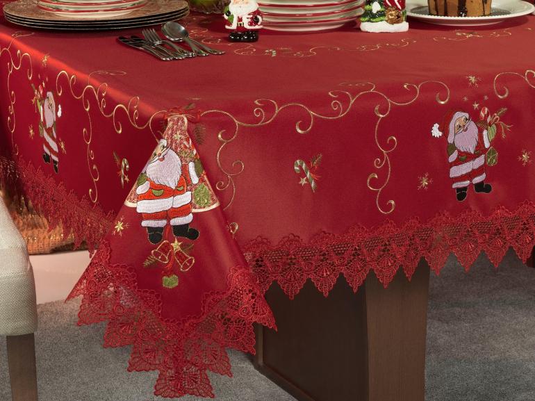 Toalha de Mesa Natal com Bordado Richelieu Retangular 10-12 Lugares 160x320cm - Encanto Vermelho - Dui Design