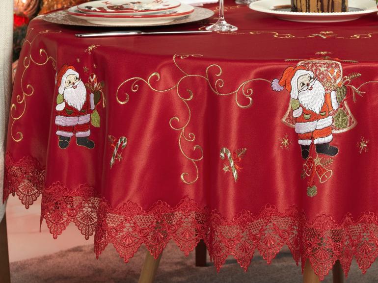 Toalha de Mesa Natal com Bordado Richelieu Redonda 180cm - Encanto Vermelho - Dui Design