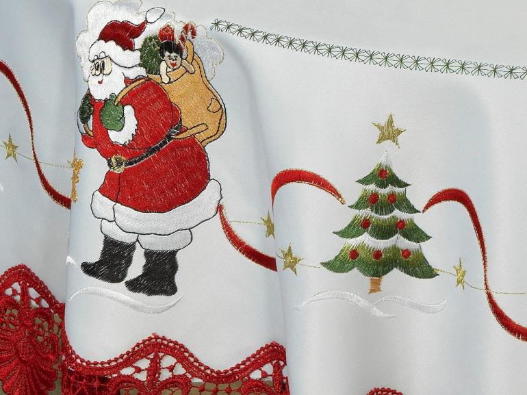 Toalha de Mesa Natal com Bordado Richelieu Redonda 180cm - Esperana Branco e Vermelho - Dui Design