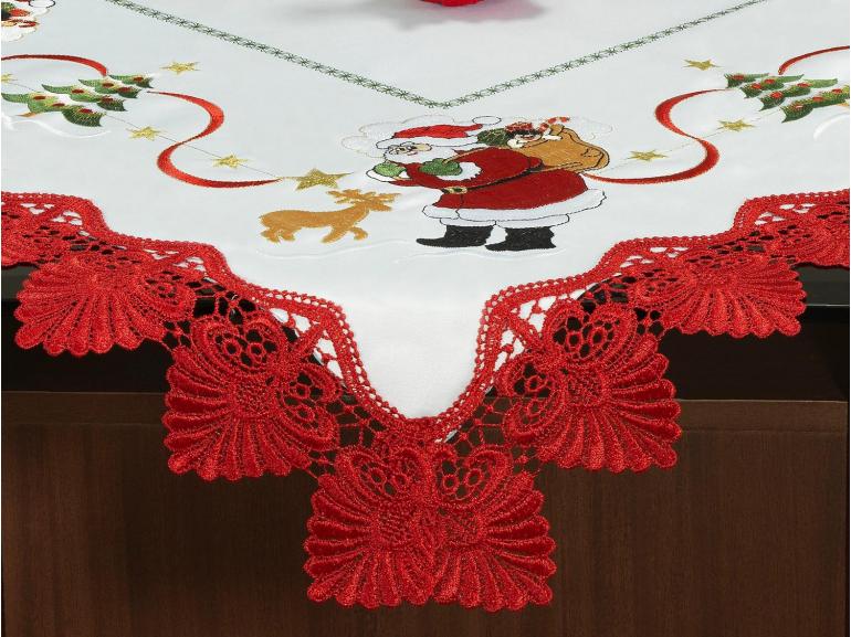 Centro de Mesa Natal Quadrado com Bordado Richelieu 85x85cm - Esperana Branco e Vermelho - Dui Design