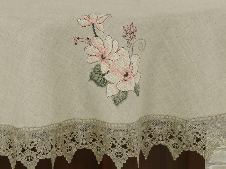 Toalha de Mesa de Linho com Bordado Richelieu Redonda 180cm - Estela Bege - Dui Design