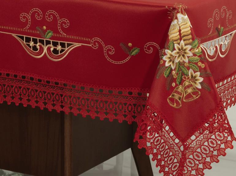 Toalha de Mesa Natal com Bordado Richelieu Retangular 6 Lugares 160x220cm - Felicidade Vermelho - Dui Design