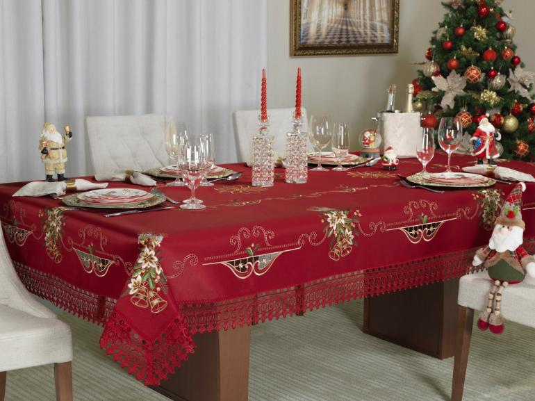 Toalha de Mesa Natal com Bordado Richelieu Quadrada 8 Lugares 220x220cm -  Felicidade Vermelho - Dui Design | Vida e Cor