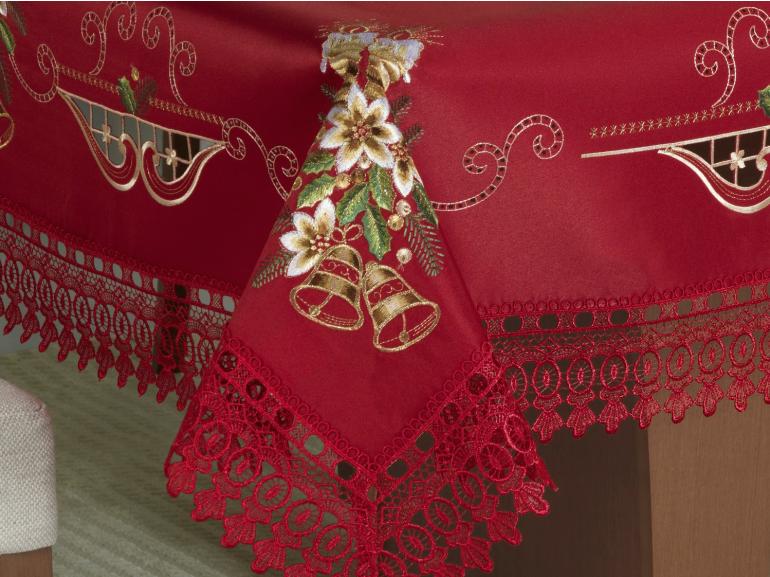 Toalha de Mesa Natal com Bordado Richelieu Quadrada 4 Lugares 160x160cm - Felicidade Vermelho - Dui Design