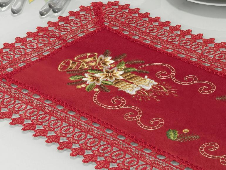 Trilho de Mesa Natal com Bordado Richelieu 40x85cm Avulso - Felicidade Vermelho - Dui Design