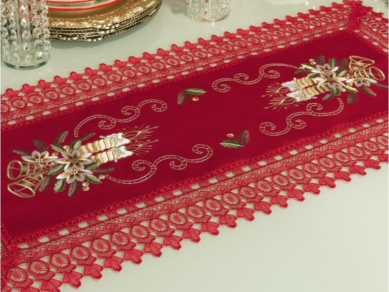 Trilho de Mesa Natal com Bordado Richelieu 40x85cm Avulso - Felicidade Vermelho - Dui Design