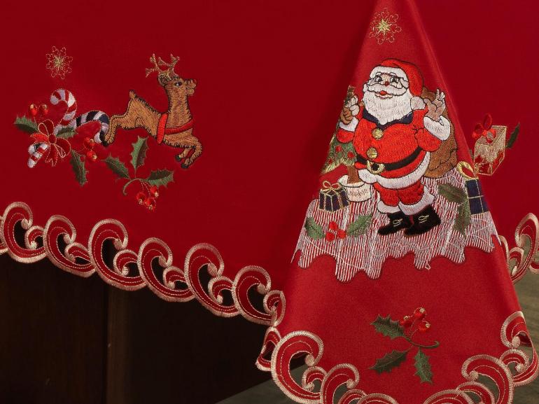 Toalha de Mesa Natal com Bordado Richelieu Quadrada 8 Lugares 220x220cm - Feliz Natal Vermelho - Dui Design