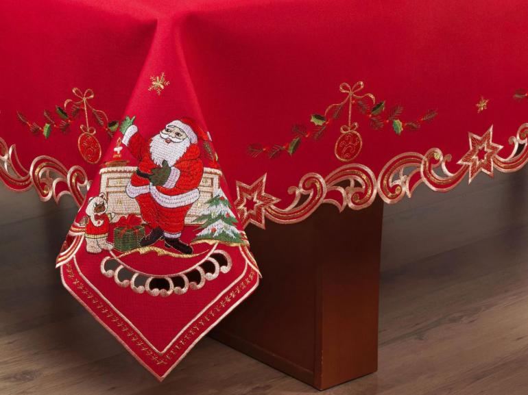 Toalha de Mesa Natal com Bordado Richelieu Quadrada 4 Lugares 160x160cm - Festa Vermelho - Dui Design